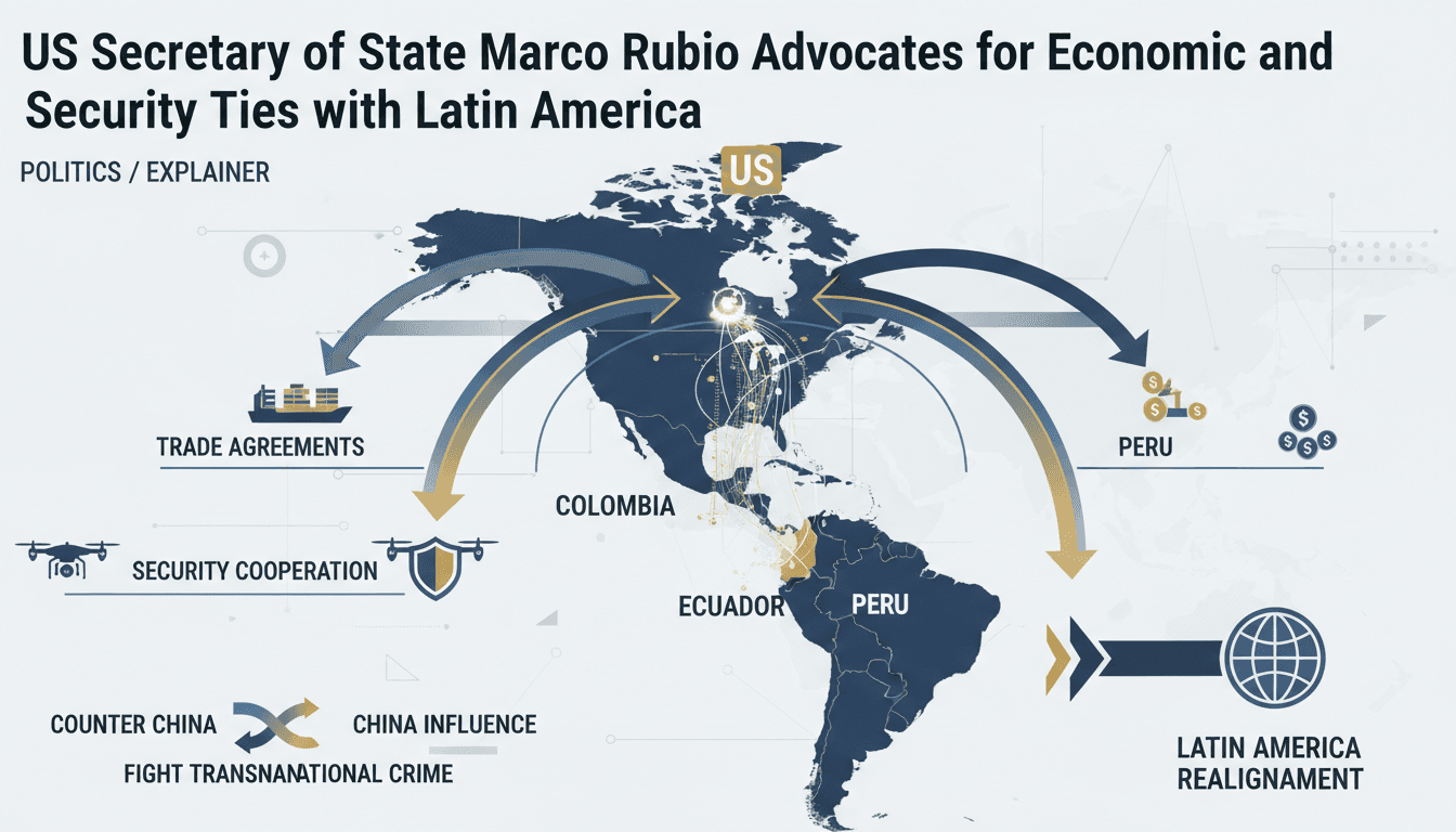 A map showing US economic and security ties with Latin America, highlighting key countries and agreements.