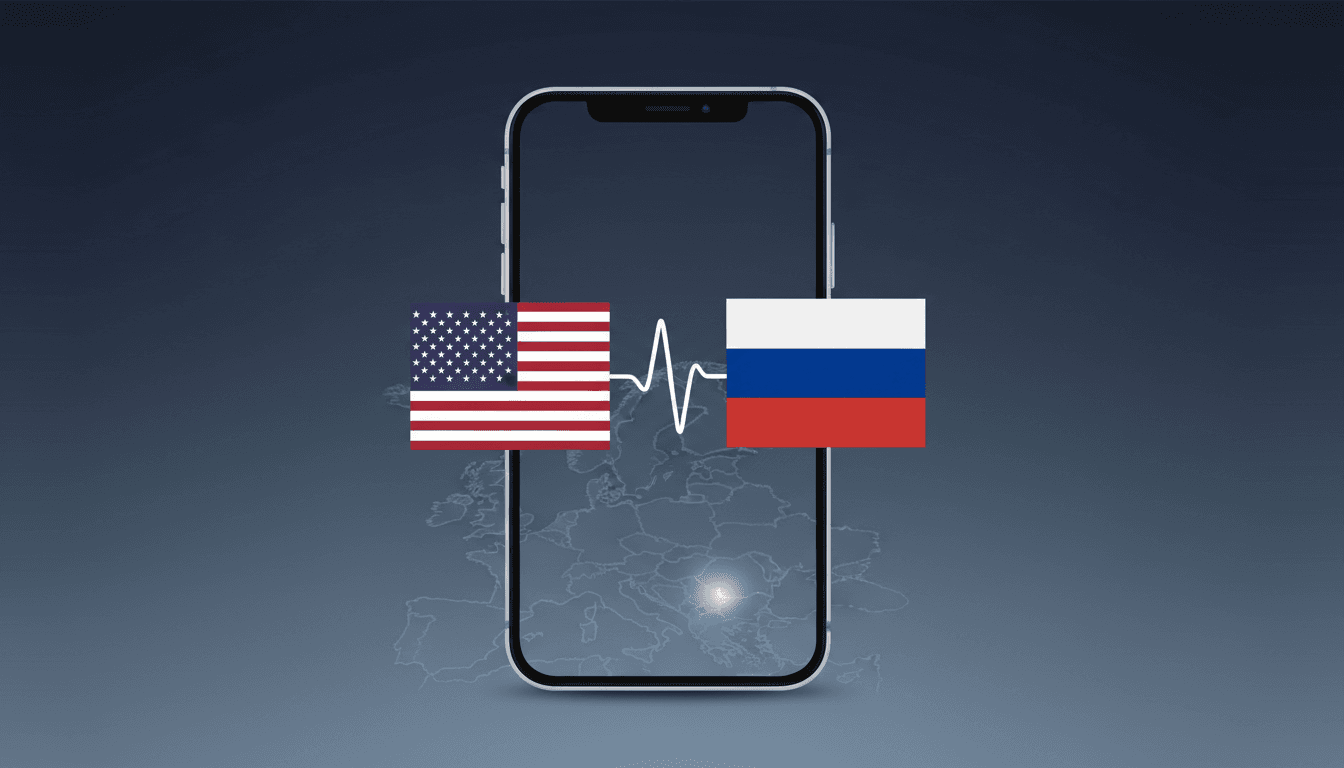A phone with U.S. and Russian flags, representing the Trump-Putin diplomatic call on the Ukraine war.