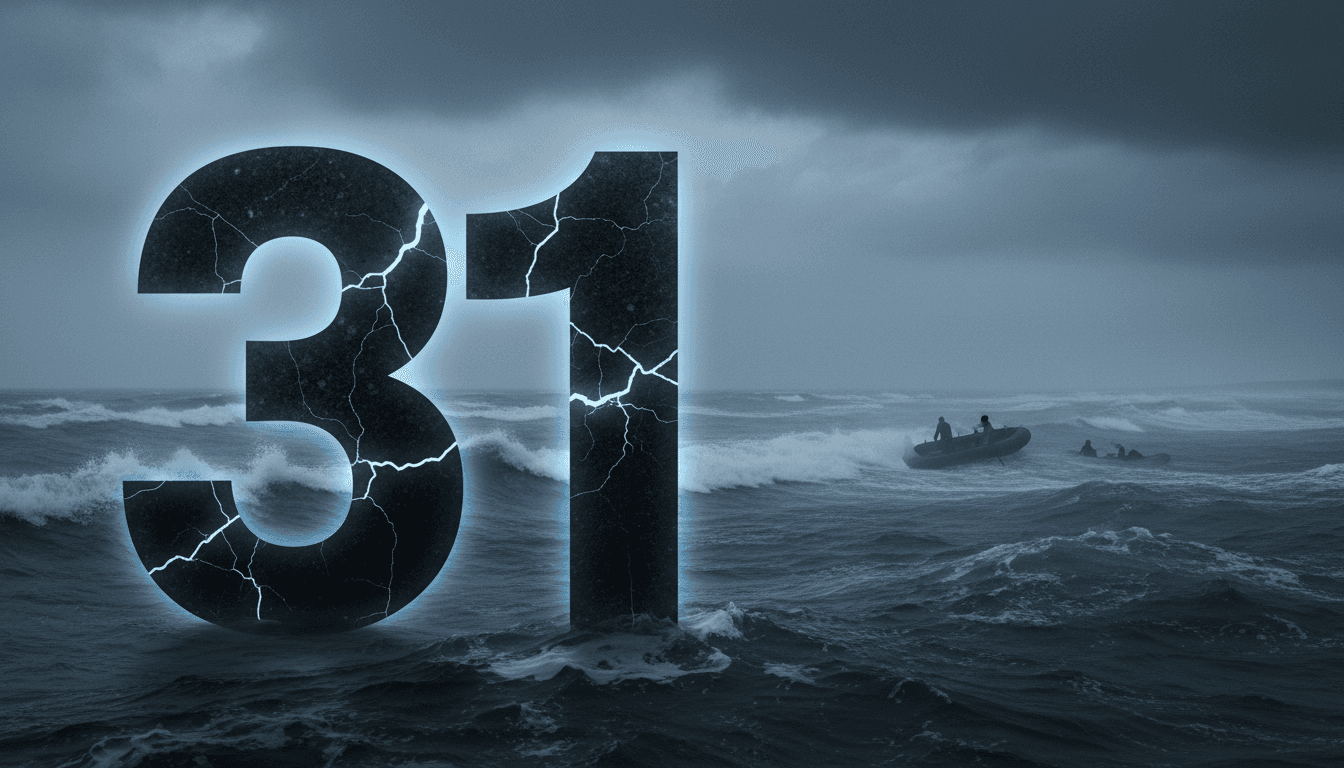 A graphic depicting the number 31 against the English Channel, representing the migrant tragedy's impact.