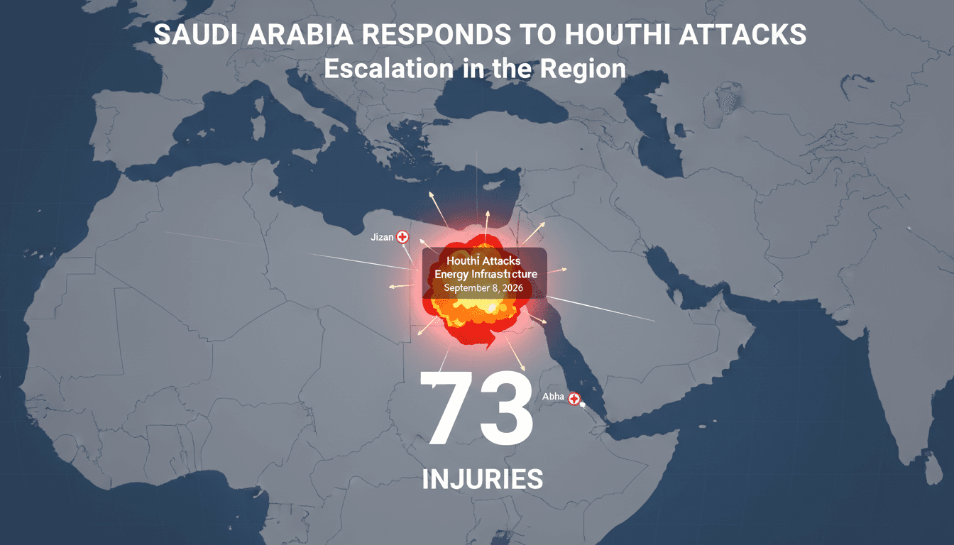 Map highlighting the locations of Houthi drone and missile strikes on Saudi energy facilities, showing the impact on civilians.