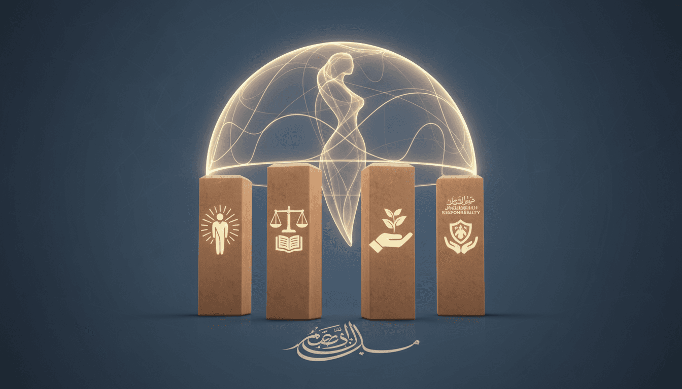 A visual representation of Ibn Hamid's four pillars of women's rights in Islam, highlighting dignity, justice, mercy, and guardianship.