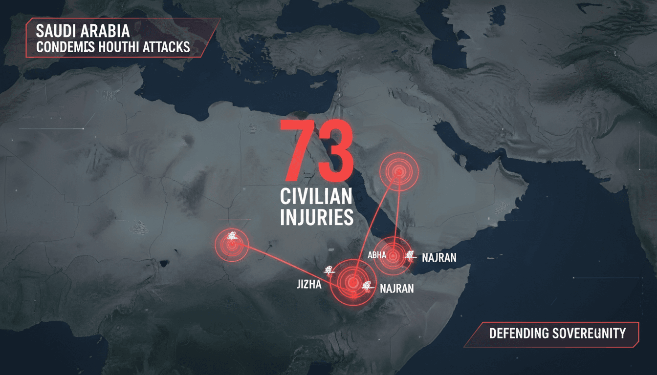 Map highlighting southern Saudi Arabia with locations of Houthi attacks and civilian injury statistics.