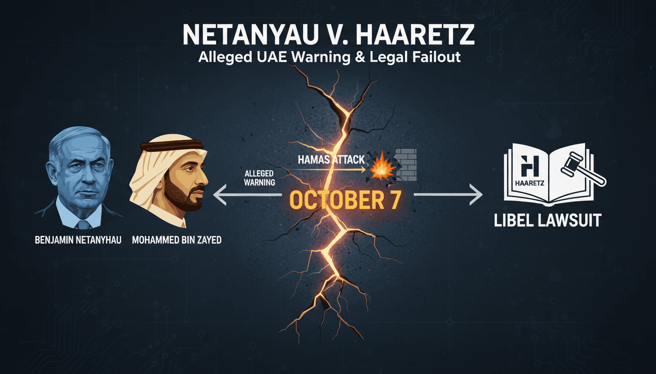 A visual representation of Netanyahu's lawsuit against Haaretz regarding the UAE warning before the October 7 Hamas attack.