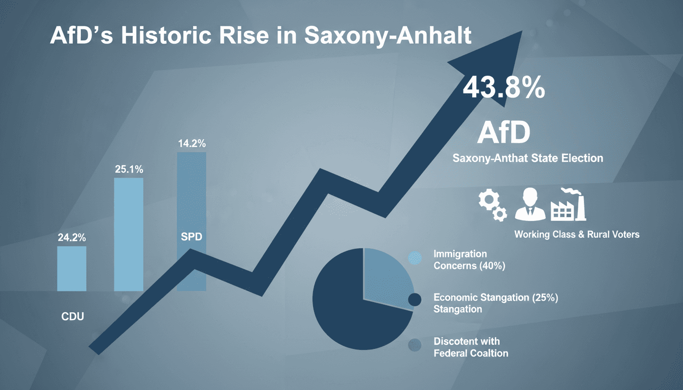 Infographic showing the AfD's rise in Saxony-Anhalt, highlighting voter demographics and key issues.