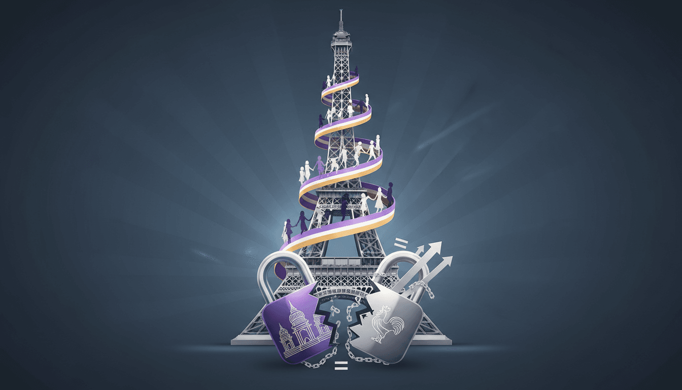 A striking image of the Eiffel Tower with a focus on gender equality themes and women's rights.
