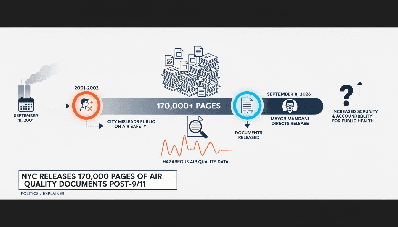 Infographic showing timeline of NYC's air quality monitoring and public disclosures post-9/11.