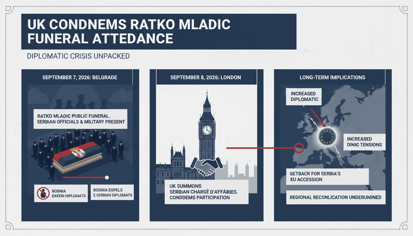 Infographic detailing the diplomatic tensions following Ratko Mladic's funeral and its implications for the Balkans.