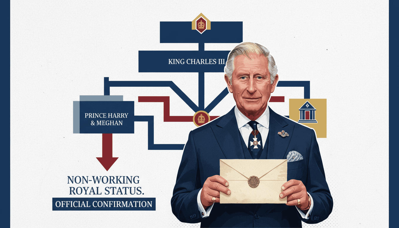 King Charles III holding a letter, clarifying Prince Harry and Meghan's non-working royal status.