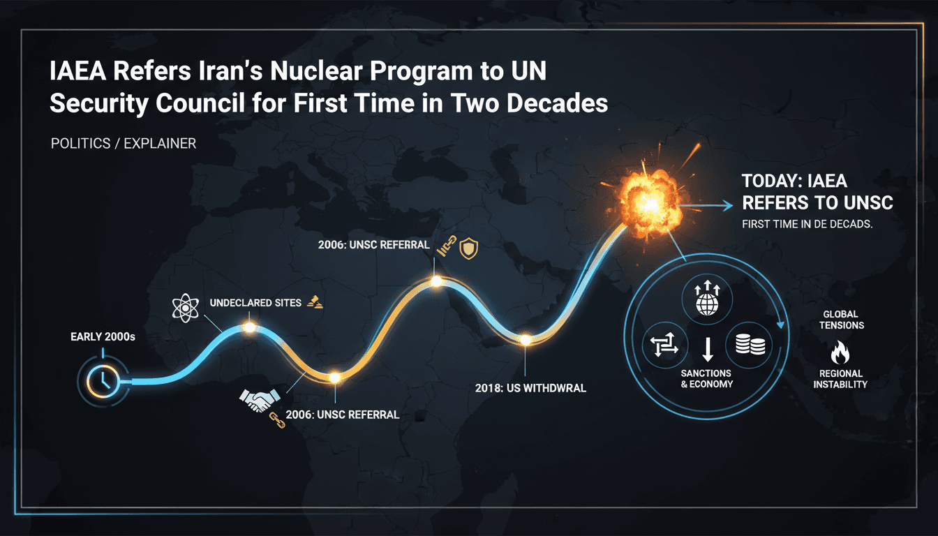 Infographic showing the timeline of Iran's nuclear program and the implications of the IAEA referral to the UN Security Council.