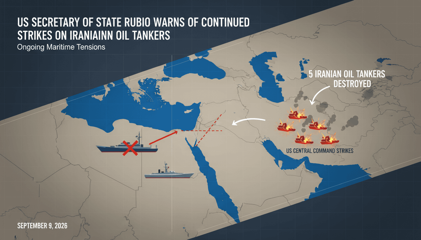 Infographic showing five Iranian oil tankers destroyed, with a map of the Gulf of Oman and Strait of Hormuz.