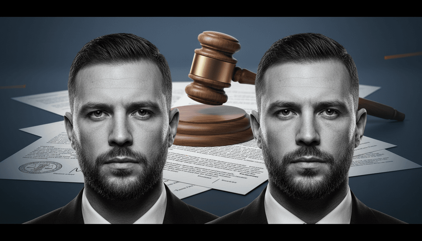 A courtroom scene with Andrew and Tristan Tate's images, highlighting their bail denial in the extradition case.