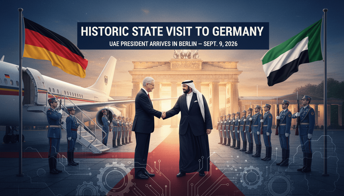 Sheikh Mohamed bin Zayed Al Nahyan arriving in Berlin with military honors during his historic state visit.