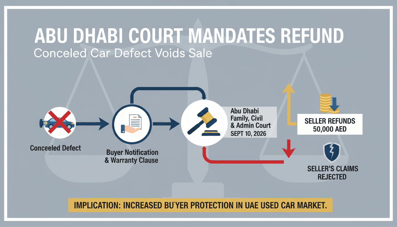 Infographic showing Abu Dhabi court ruling on vehicle warranty and buyer protections in the UAE.