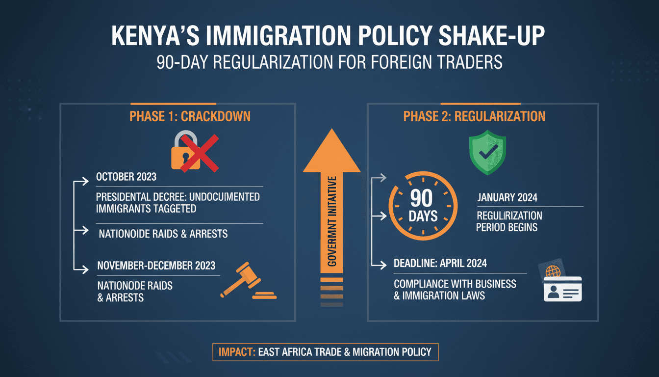 Infographic showing the timeline of Kenya's 90-day regularization for foreign traders and its implications.