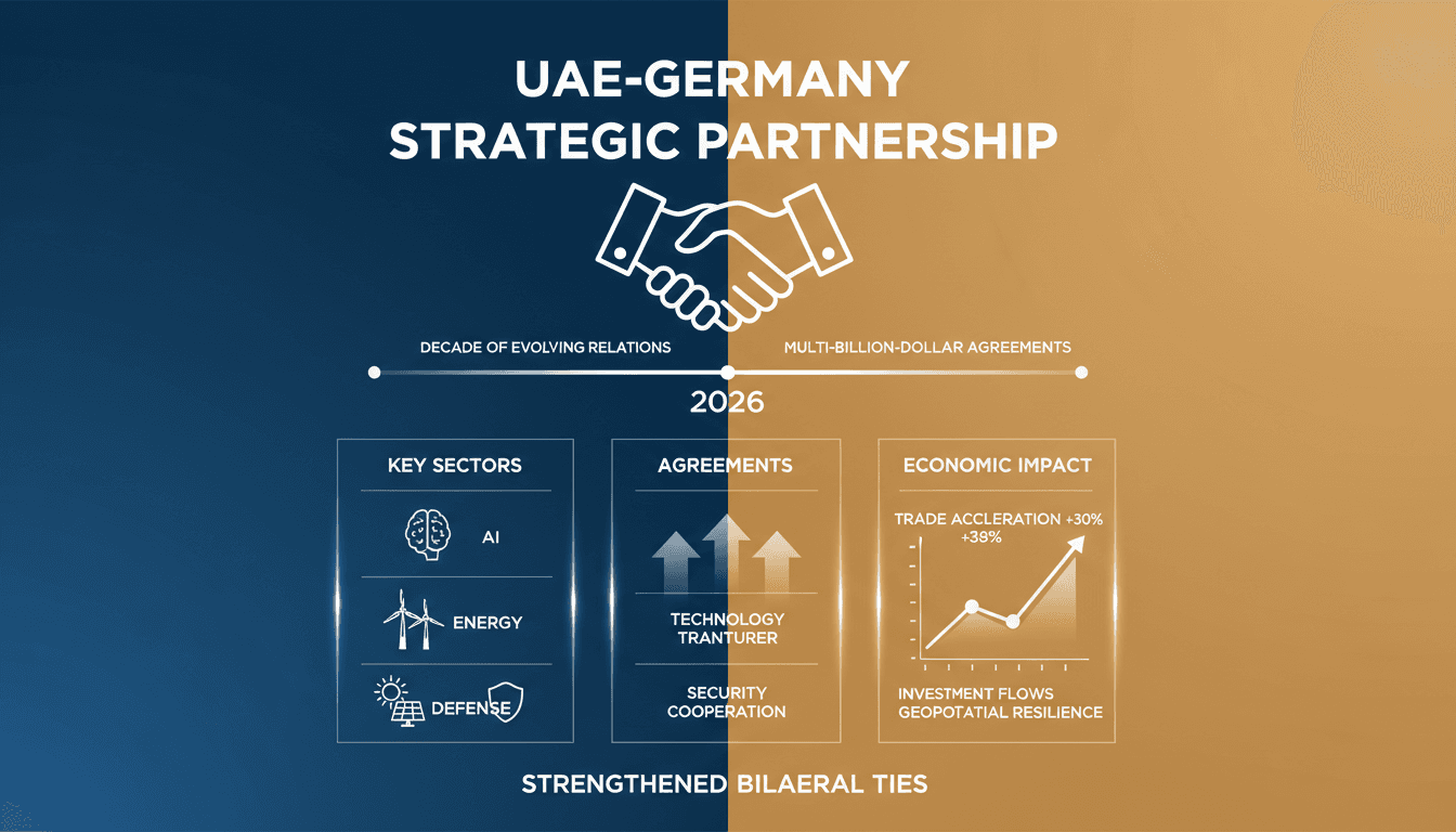 Infographic detailing UAE President's visit to Germany and key agreements in investment and technology.