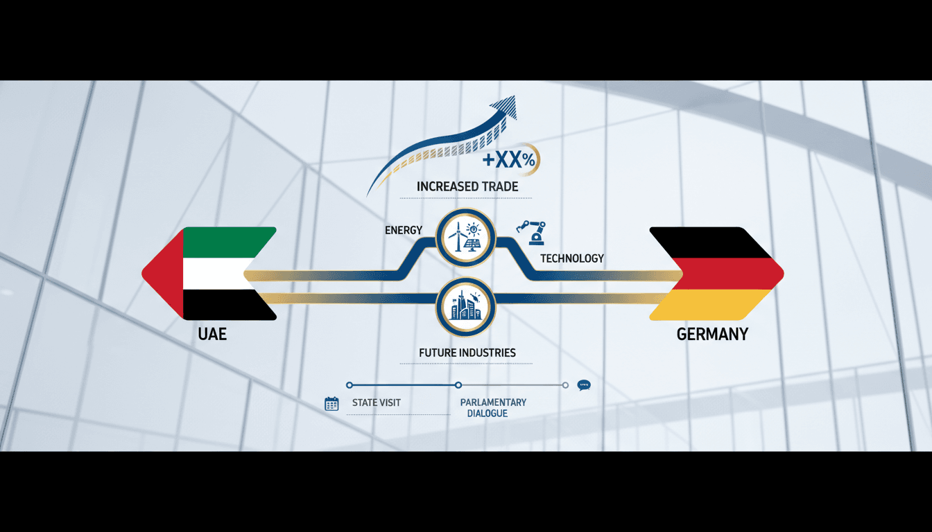 Infographic illustrating UAE and Germany's growing economic partnership and future collaboration in energy and technology.