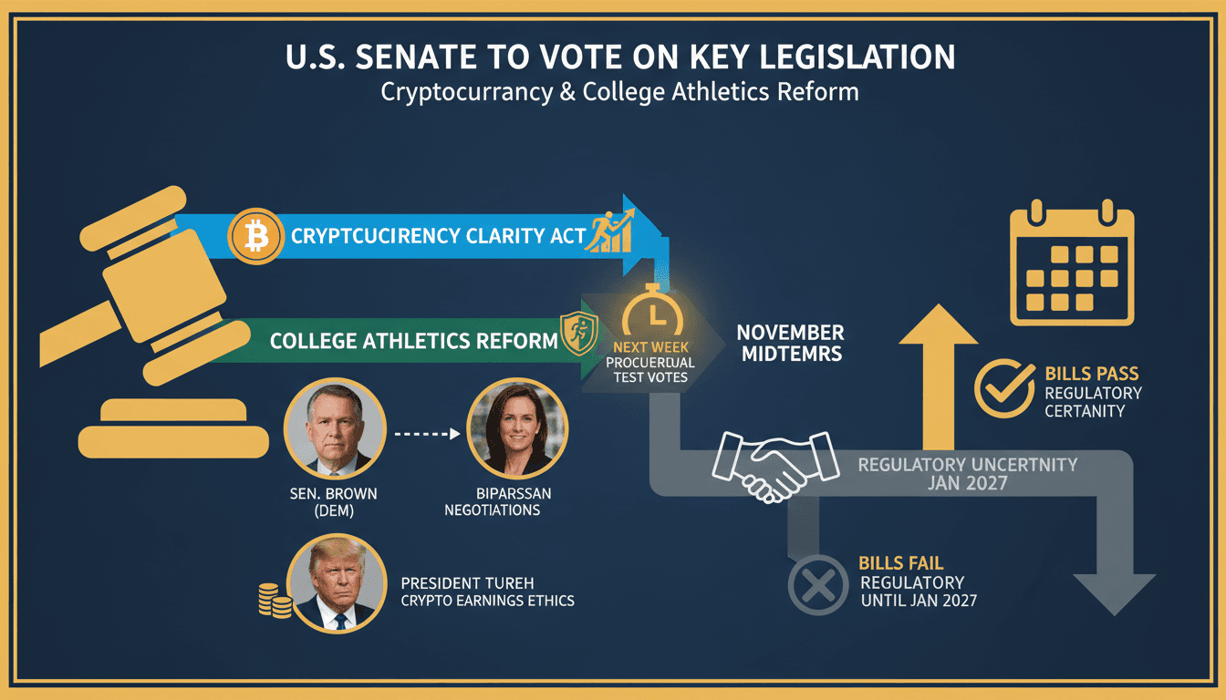 A visual representation of the U.S. Senate's upcoming votes on cryptocurrency and college athletics reform legislation.