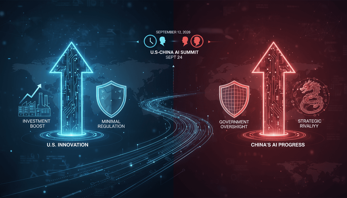 Infographic comparing U.S. and China's AI advancements and regulatory approaches.