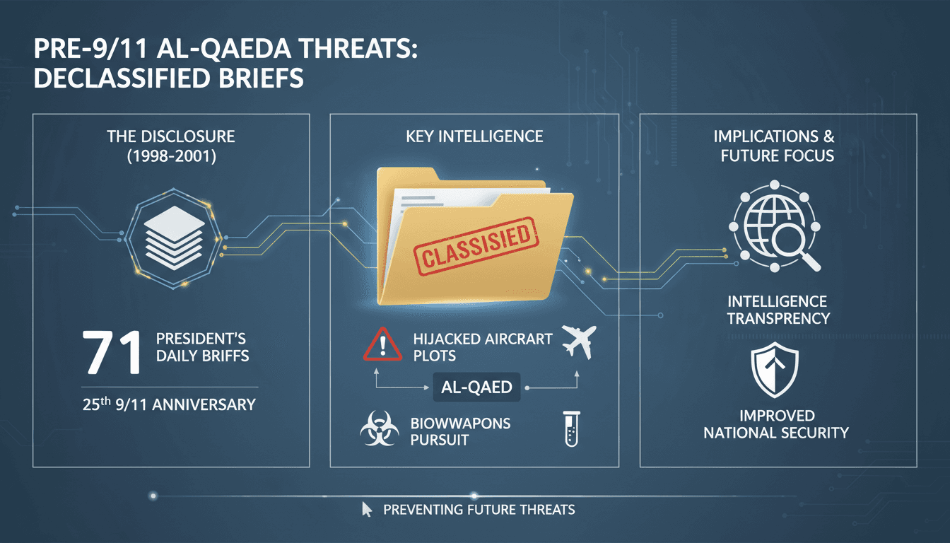 Infographic detailing the CIA's declassified briefs on Al-Qaeda threats before 9/11.