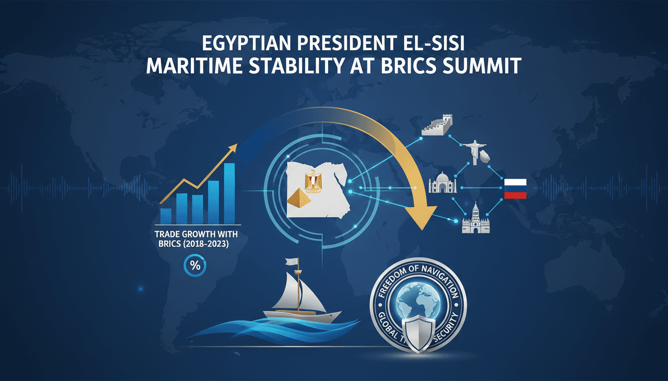 Egyptian President El-Sisi addressing the BRICS Summit on maritime stability and global trade impacts.