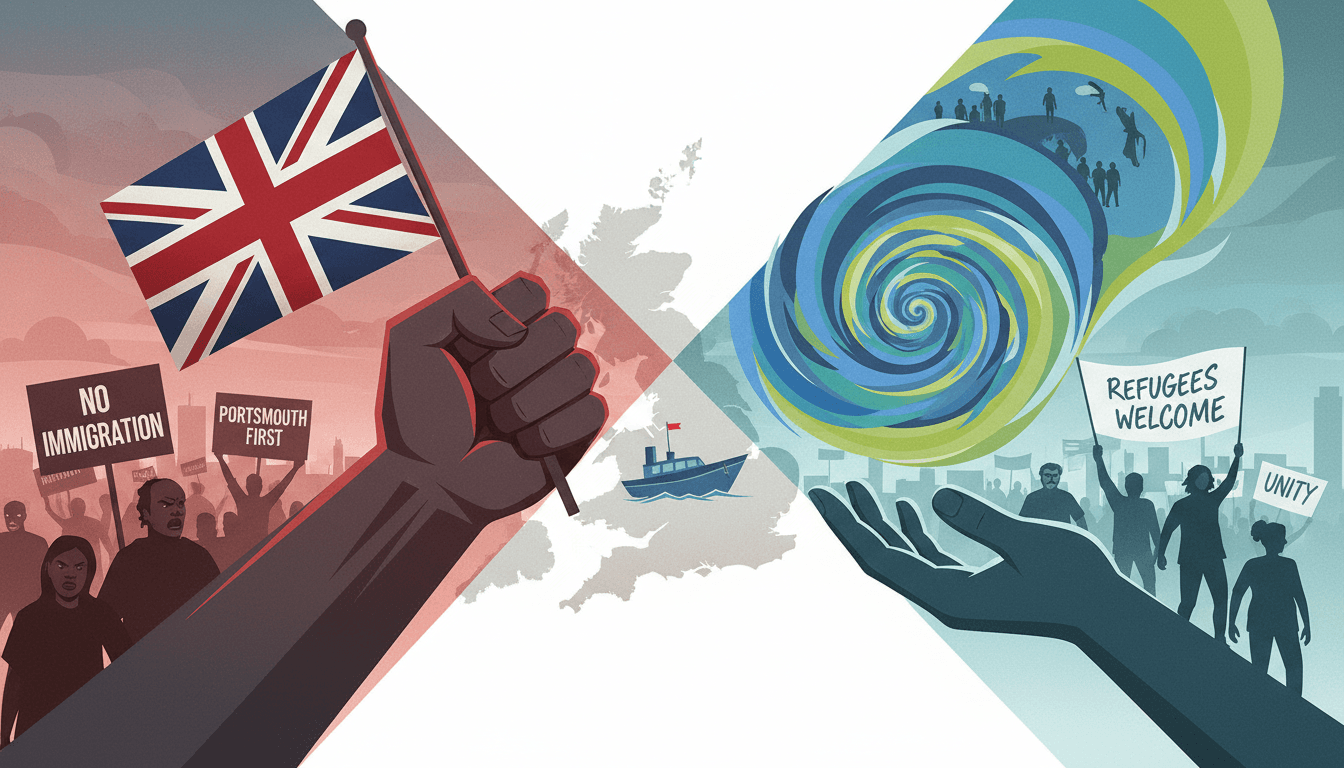 A visual representation of the anti-immigration protests in Portsmouth, highlighting the cultural tensions surrounding migration.