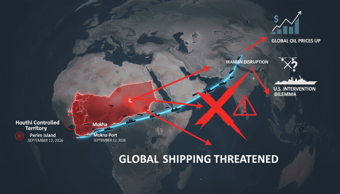 Map showing Houthi territorial gains in Yemen and their impact on global shipping routes.