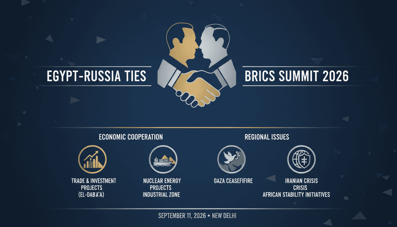 Infographic highlighting the key outcomes of the Sisi-Putin meeting at the BRICS Summit, focusing on economic and regional issues.