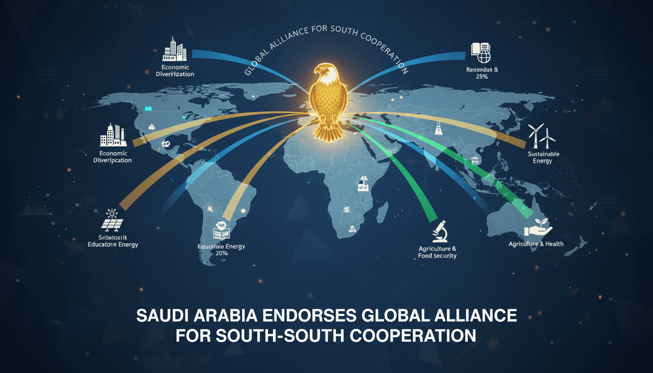 Infographic showing Saudi Arabia's development funding flow to Global South countries through the new alliance.