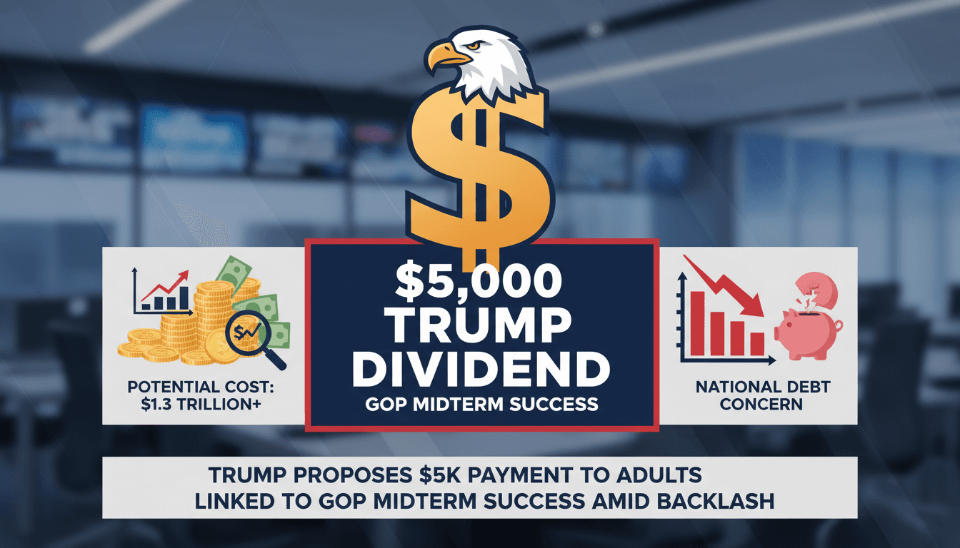 Illustration of President Trump announcing the $5,000 'Trump Dividend' at a political event.