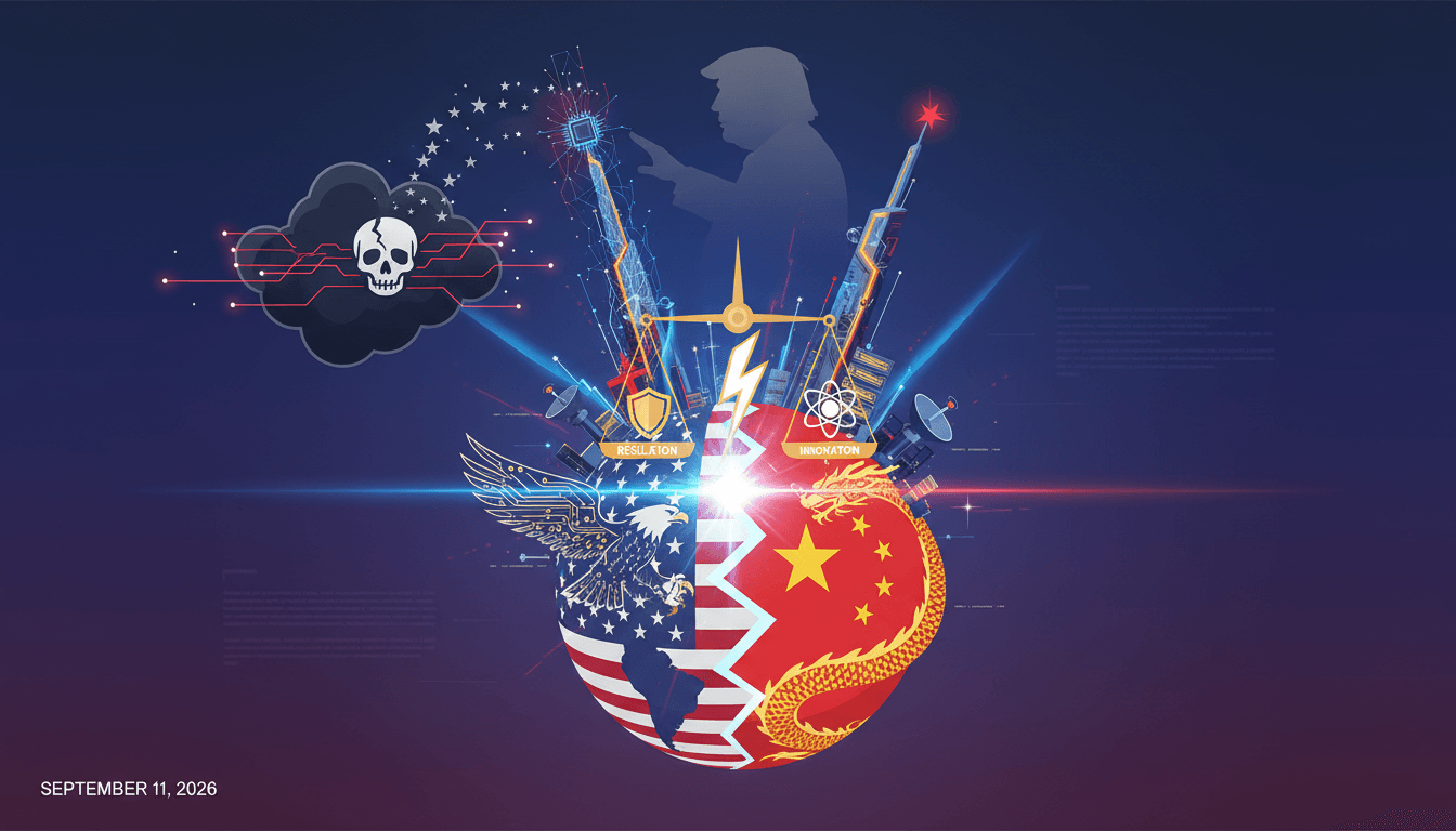 A graphic showing the tension between AI innovation and regulatory caution in U.S.-China relations.