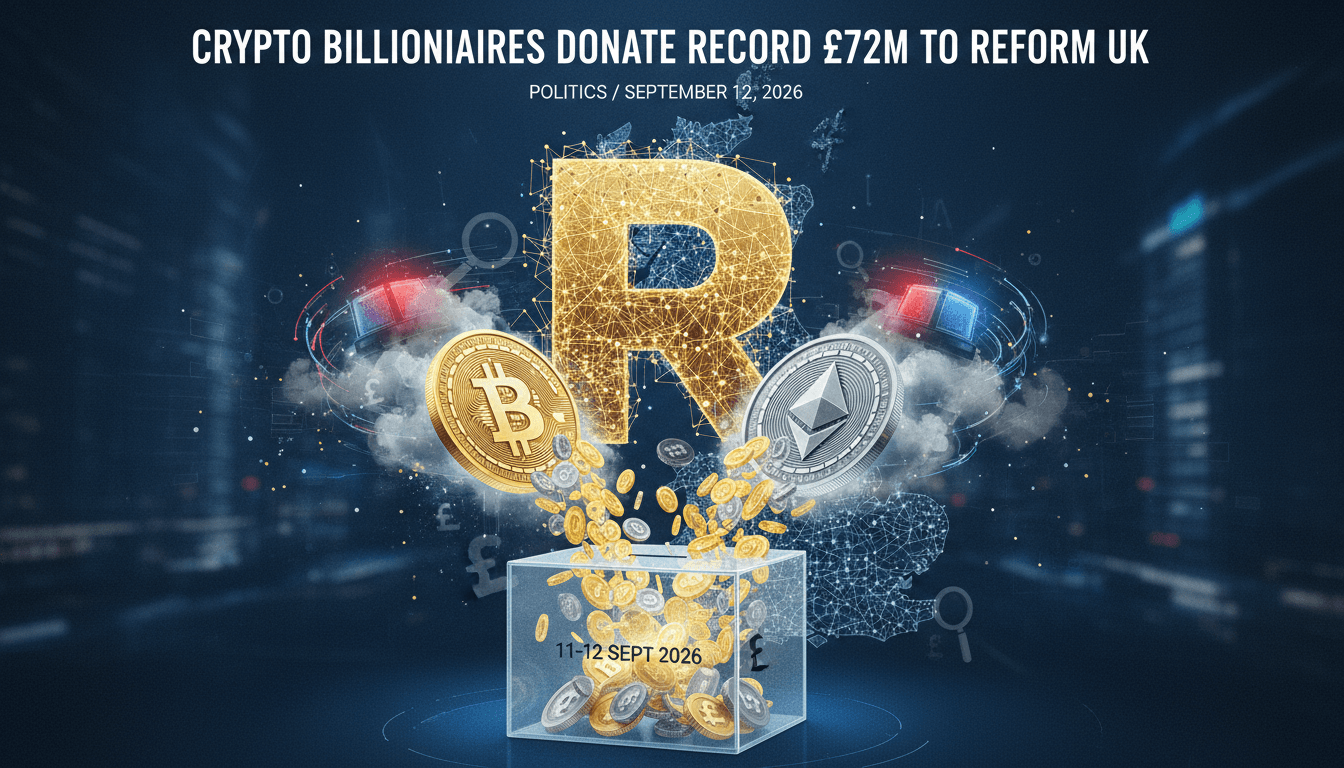 A graphic showing cryptocurrency billionaires influencing UK politics with record donations.