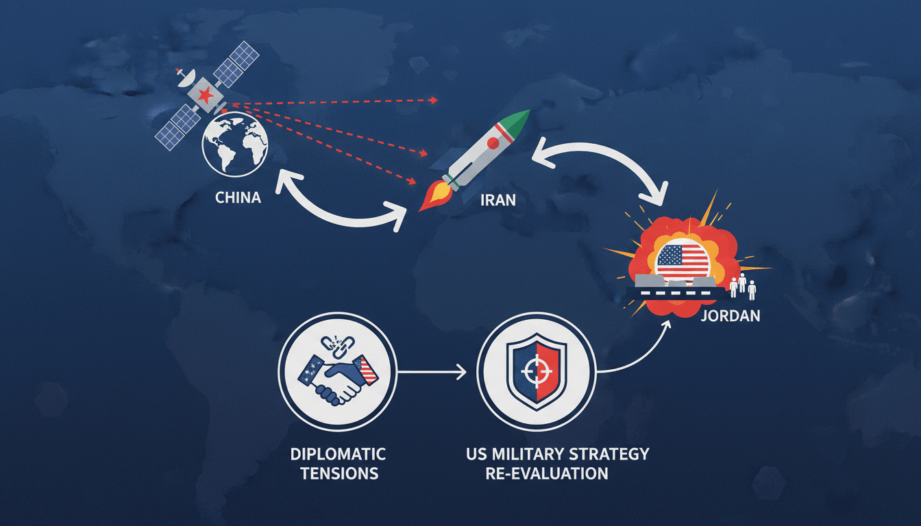 Infographic showing the connection between Chinese satellite imagery and the Iranian missile strike on US troops.
