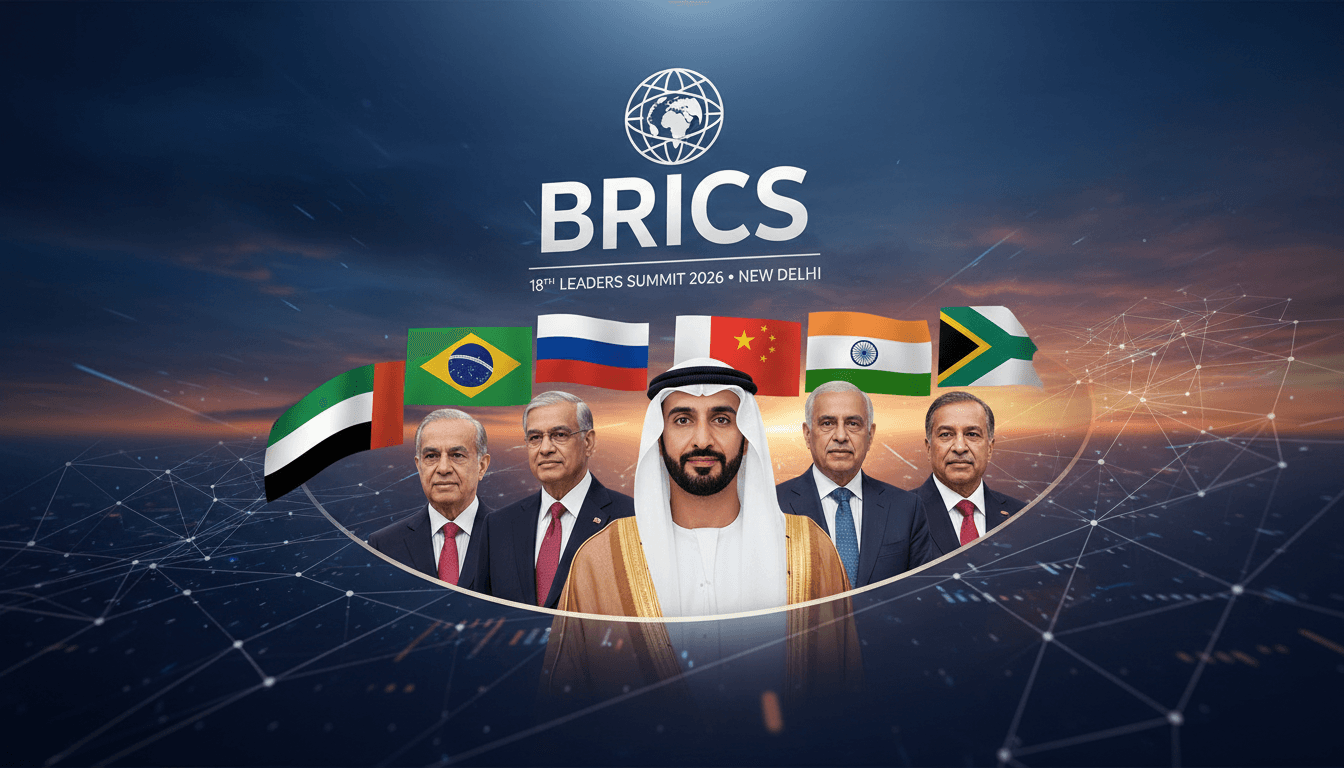 Sheikh Khaled bin Mohamed bin Zayed Al Nahyan at the BRICS Summit in New Delhi, representing UAE's commitment to global cooperation.