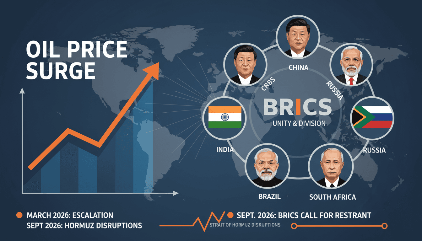 Infographic showing BRICS leaders and rising oil prices amid Middle East tensions.