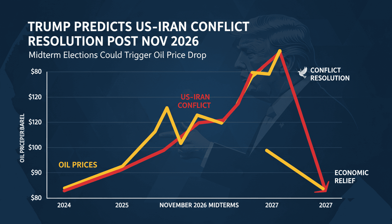 Infographic showing oil price trends related to the US-Iran conflict and midterm elections.