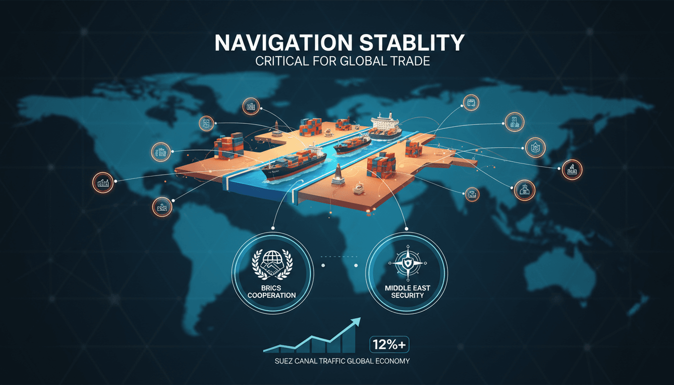 Egyptian President El-Sisi addressing the BRICS Summit on international navigation stability and trade impacts.