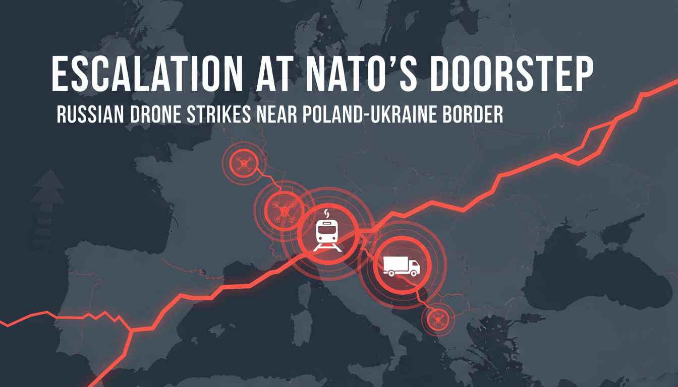 A map highlighting the location of Russian drone strikes near the Poland-Ukraine border, emphasizing NATO security concerns.