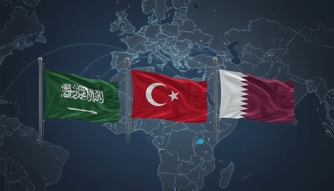 Flags of Saudi Arabia, Turkey, and Qatar over a Middle East map, symbolizing diplomatic engagement.