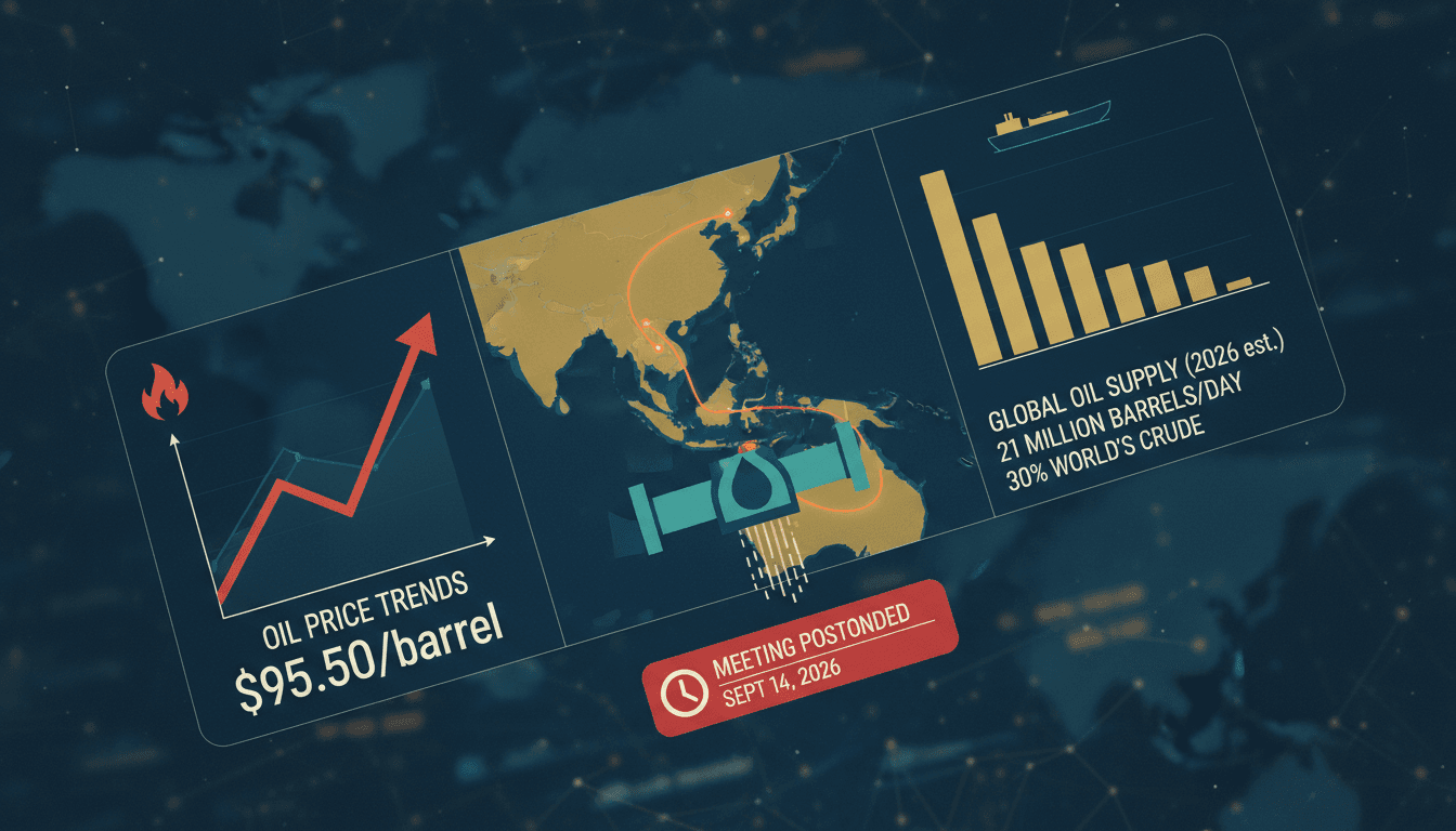 Infographic showing the Strait of Hormuz with oil supply statistics and price trends.
