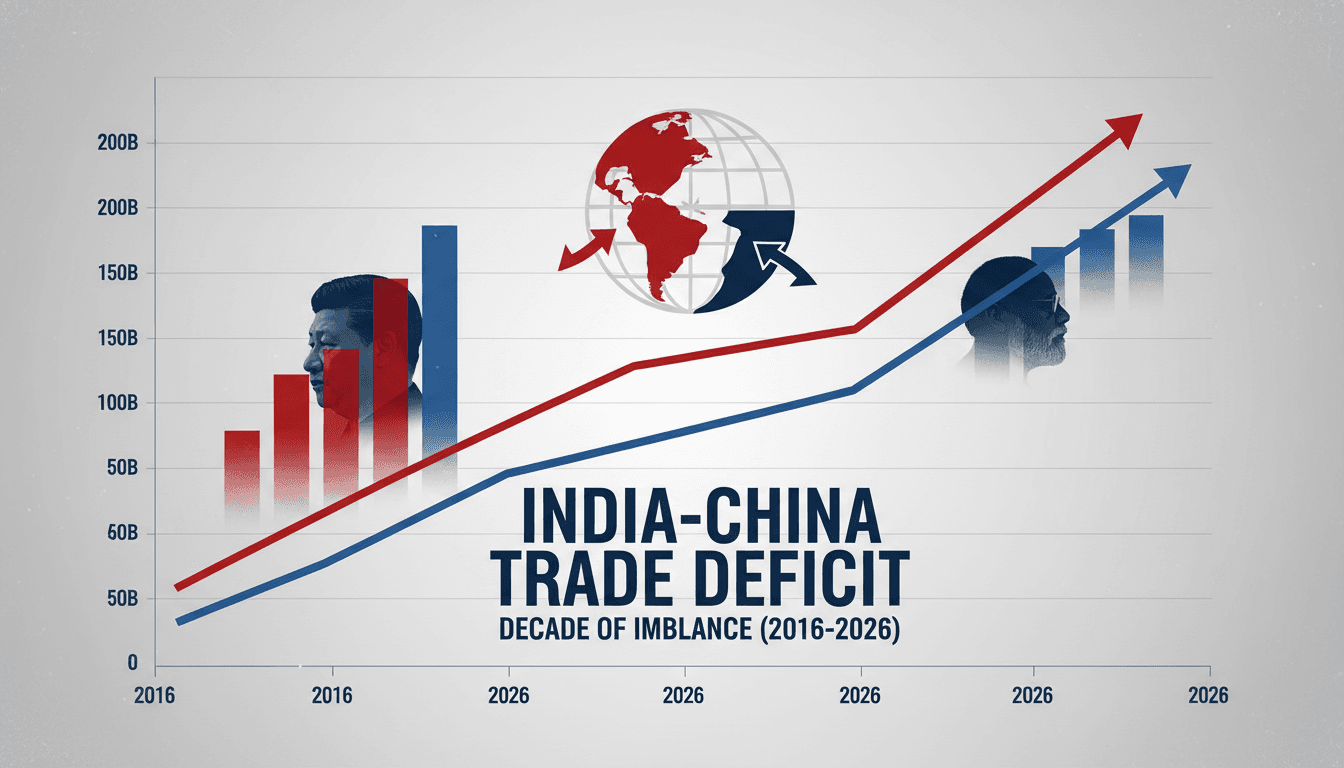 Infographic showing the trade deficit growth between India and China over the last decade.