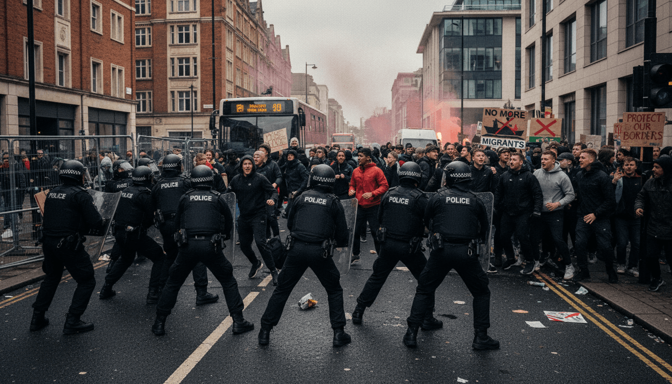 Protest scene showing demonstrators and police, highlighting anti-migrant sentiments.