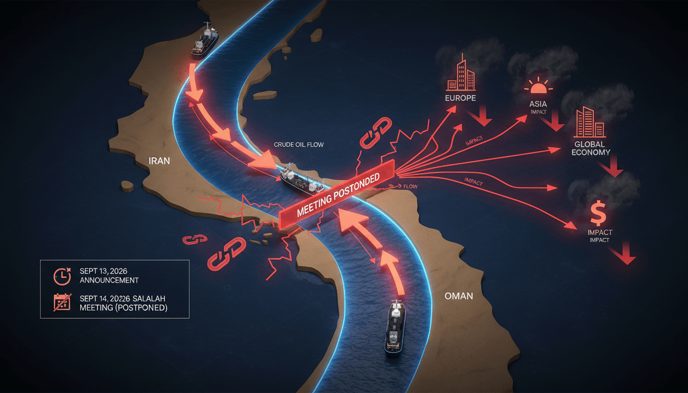 An infographic showing the Strait of Hormuz and its significance to global oil transit, highlighting the Iran and Oman meeting postponement.
