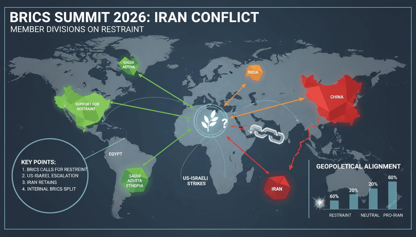Infographic showing BRICS member states and their positions on the Iran conflict.