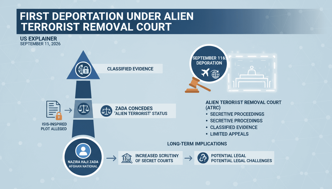 Infographic detailing the first use of the Alien Terrorist Removal Court and its implications for national security and civil liberties.