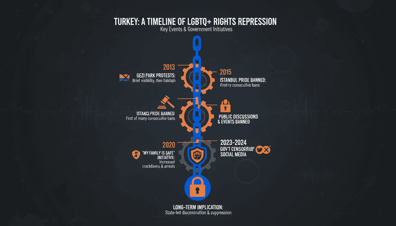 Infographic showing the timeline of LGBTQ+ rights repression in Turkey, highlighting key events and government initiatives.