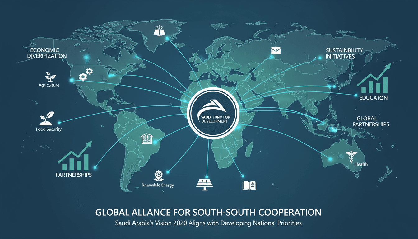 Infographic illustrating Saudi Arabia's partnerships with developing nations and the impact of the Saudi Fund for Development.