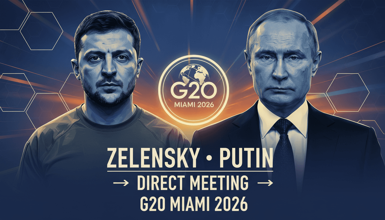 Graphic depicting Zelensky and Putin with G20 summit logo, highlighting potential meeting.