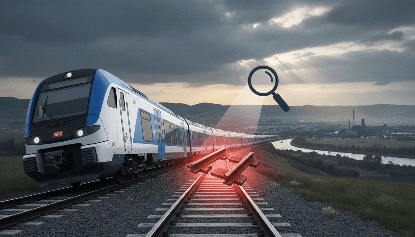 A train on tracks with a highlighted rail fragment, illustrating the Normandy derailment investigation.