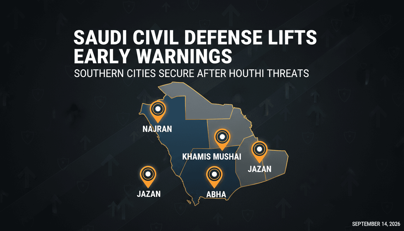 Map highlighting the four Saudi cities affected by early warnings from the Civil Defense amid Houthi threats.
