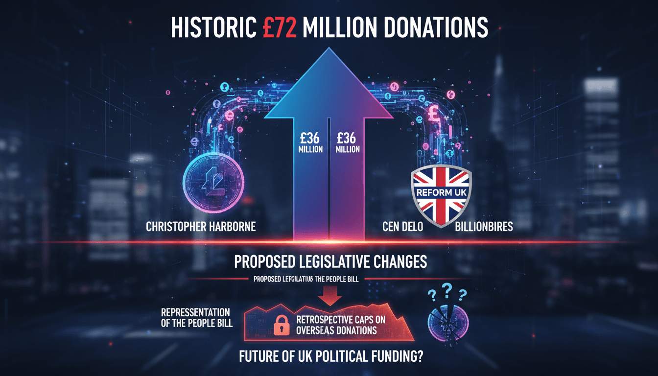 Infographic showing Reform UK's £72 million donations and potential legislative impacts on political funding.